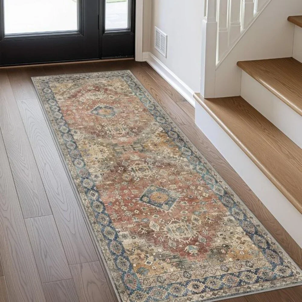 New 2x5 Non-Slip Runner Rug, Machine Washable Vintage Boho Chenille Carpet, Red